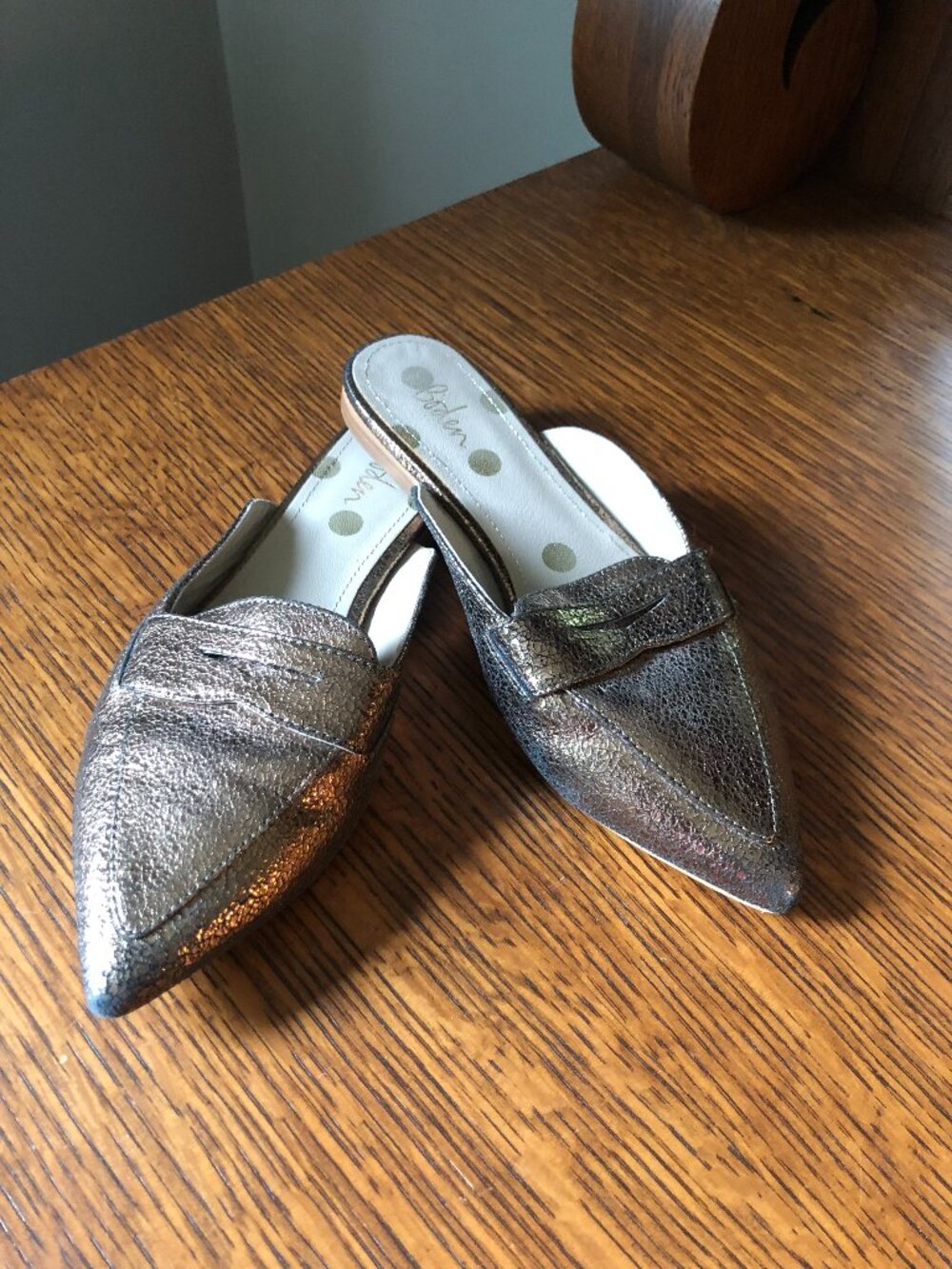 Boden metallic silver leather mule loafers pointed toe